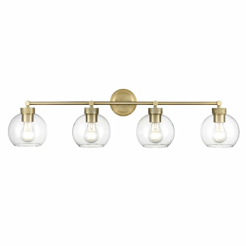 Adjustable Industrial Lighting for Flexible Illumination4 Lamps Jonatan Vanity Light - Vintage Brass - Clear Glass - 35in. Wide Adjustable Industrial Lighting for Flexible Illumination4 Lamps Jonatan Vanity Light - Vintage Brass - Clear Glass - 35in. Wide