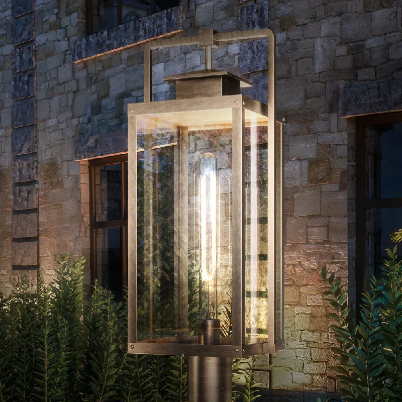 Industrial Lighting for Textile MillsUEX1039 Luxe Industrial Outdoor Post Light 23''H x 9''W, Antique Brass Finish, Knoxville Collection Industrial Lighting for Textile MillsUEX1039 Luxe Industrial Outdoor Post Light 23''H x 9''W, Antique Brass Finish, Knoxville Collection