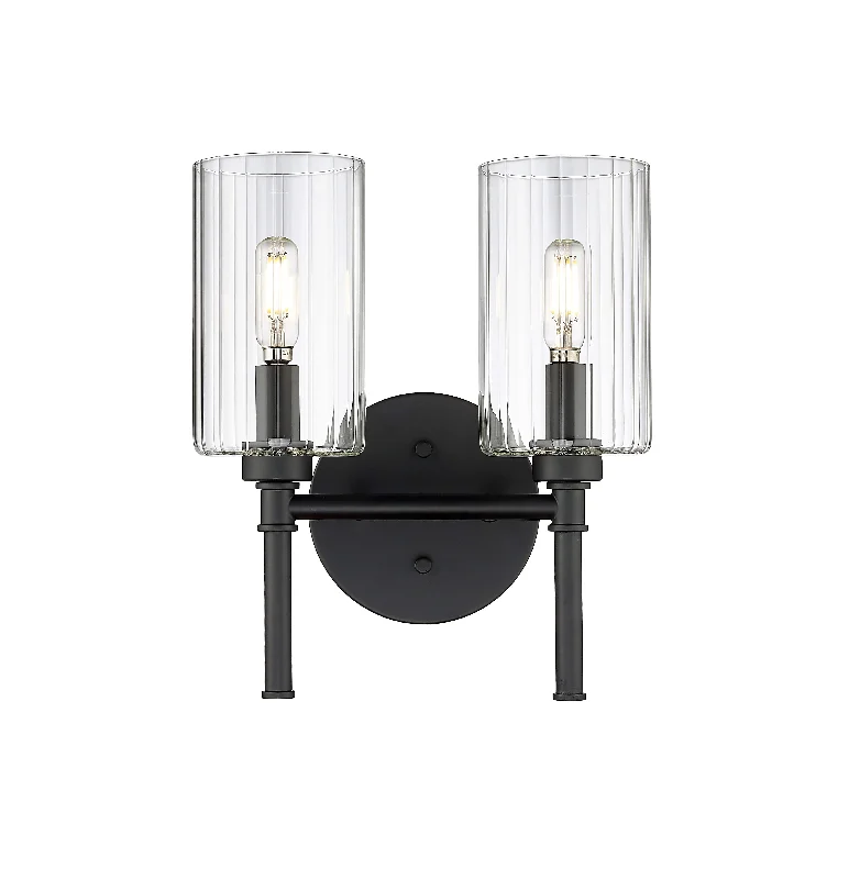 Industrial Lighting for Metal Fabrication Shops2 Lamps Chastine Vanity Light - Matte Black - Clear Beveled Glass - 10.5in. Wide Industrial Lighting for Metal Fabrication Shops2 Lamps Chastine Vanity Light - Matte Black - Clear Beveled Glass - 10.5in. Wide