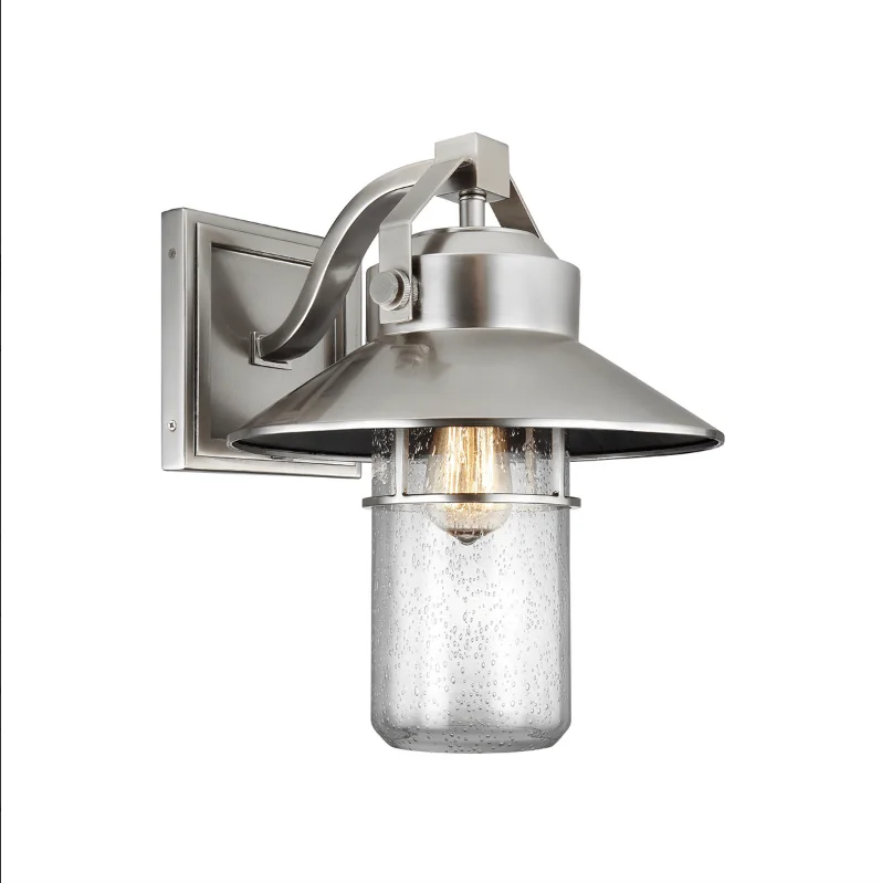 art deco wall lamps with geometric patterns for a retro - inspired bathroomHanbury Brushed Steel Large Exterior Wall Light - ID 8755