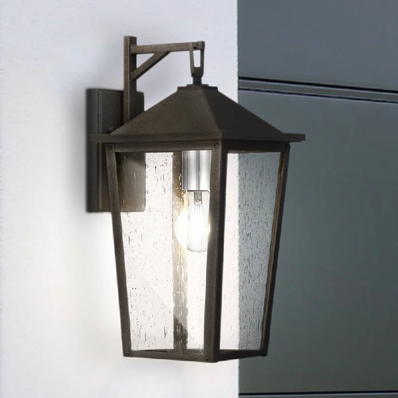 Industrial Pendant Lighting for Machine ShopsUQL1870 Modern Rustic Outdoor Wall Sconce, 16.50''H x 7.75''W x 9.25''D, Mottled Black Finish, Elmwood Collection Industrial Pendant Lighting for Machine ShopsUQL1870 Modern Rustic Outdoor Wall Sconce, 16.50''H x 7.75''W x 9.25''D, Mottled Black Finish, Elmwood Collection