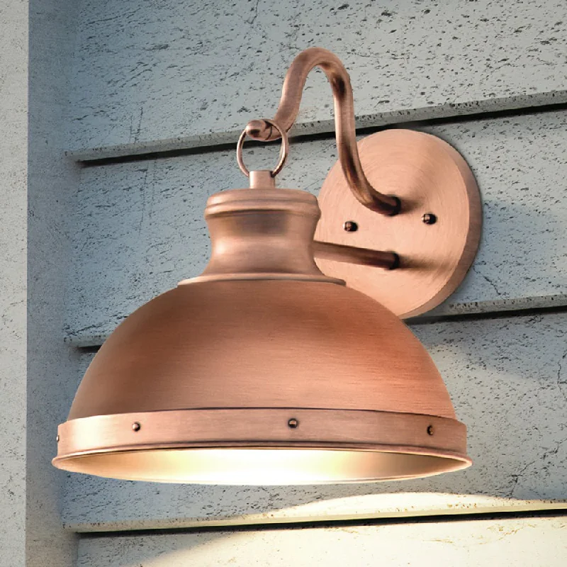 Low - Bay Industrial Lighting Fixtures for Small FactoriesUQL1710 Modern Farmhouse Outdoor Wall Sconce, 12''H x 13''W, Rustic Copper Finish, Clemson Collection Low - Bay Industrial Lighting Fixtures for Small FactoriesUQL1710 Modern Farmhouse Outdoor Wall Sconce, 12''H x 13''W, Rustic Copper Finish, Clemson Collection