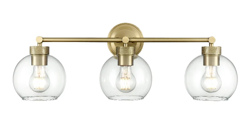 Industrial Lighting for Furniture Factories3 Lamps Jonatan Vanity Light - Vintage Brass - Clear Glass - 25in. Wide Industrial Lighting for Furniture Factories3 Lamps Jonatan Vanity Light - Vintage Brass - Clear Glass - 25in. Wide