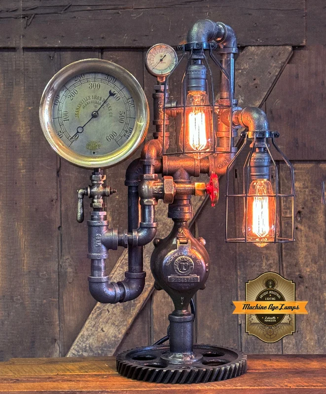 Industrial Area Lighting for Large Open SpacesSteampunk Industrial / Antique Steam Gauge / Gear Base / JeanevilleL / lamp #4255 Industrial Area Lighting for Large Open SpacesSteampunk Industrial / Antique Steam Gauge / Gear Base / JeanevilleL / lamp #4255