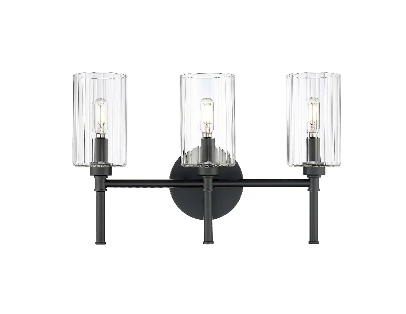 Dust - Resistant Industrial Lighting for Dirty Workspaces3 Lamps Chastine Vanity Light - Matte Black - Clear Beveled Glass - 19in. Wide Dust - Resistant Industrial Lighting for Dirty Workspaces3 Lamps Chastine Vanity Light - Matte Black - Clear Beveled Glass - 19in. Wide