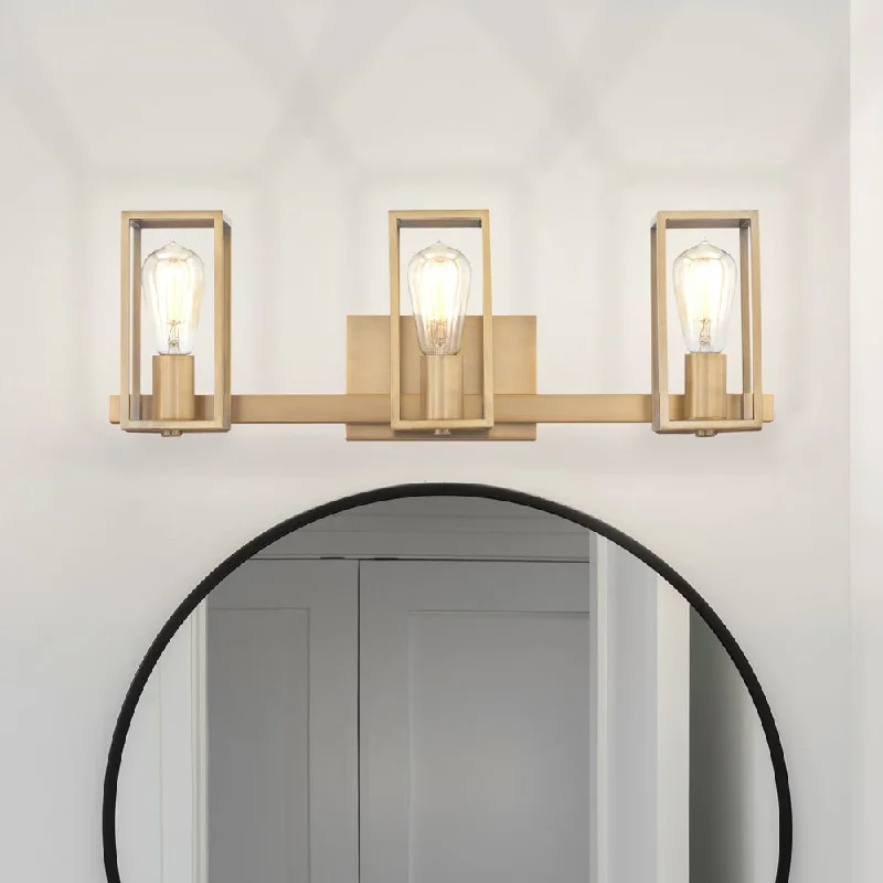 Energy - Efficient Industrial Lighting for Cost - SavingsUQL4884 Mid Century Modern Indoor Bath Light, 7.75''H x 24.00''W x 5.25''D, Weathered Brass Finish, Langley Collection Energy - Efficient Industrial Lighting for Cost - SavingsUQL4884 Mid Century Modern Indoor Bath Light, 7.75''H x 24.00''W x 5.25''D, Weathered Brass Finish, Langley Collection
