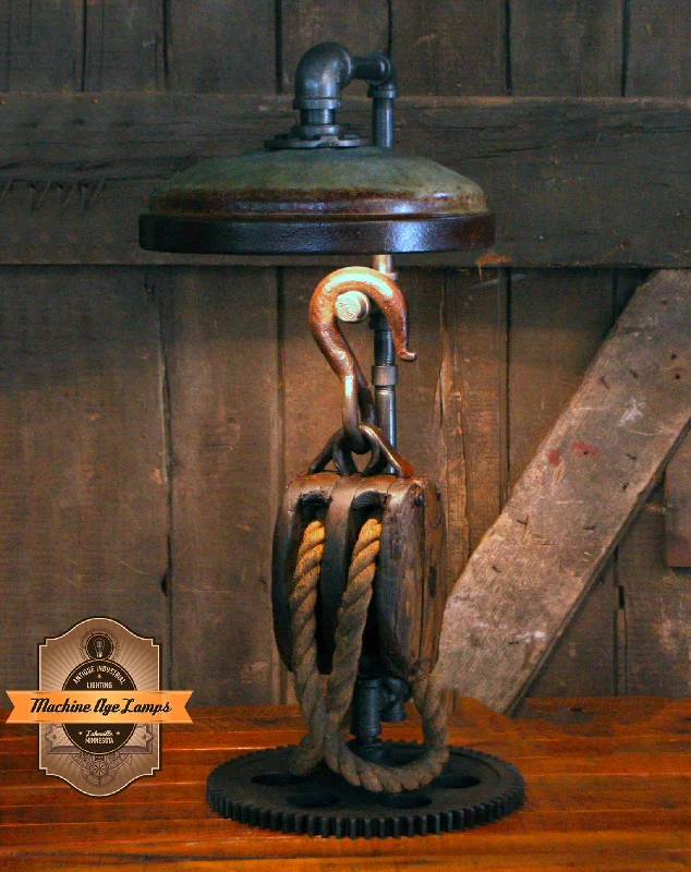 Energy - Efficient Industrial Lighting for Cost - SavingsSteampunk Industrial / Antique Wood Block and Tackle Pulley / Antique Chicken Feeder Shade / Gear / Lamp #4223 Energy - Efficient Industrial Lighting for Cost - SavingsSteampunk Industrial / Antique Wood Block and Tackle Pulley / Antique Chicken Feeder Shade / Gear / Lamp #4223
