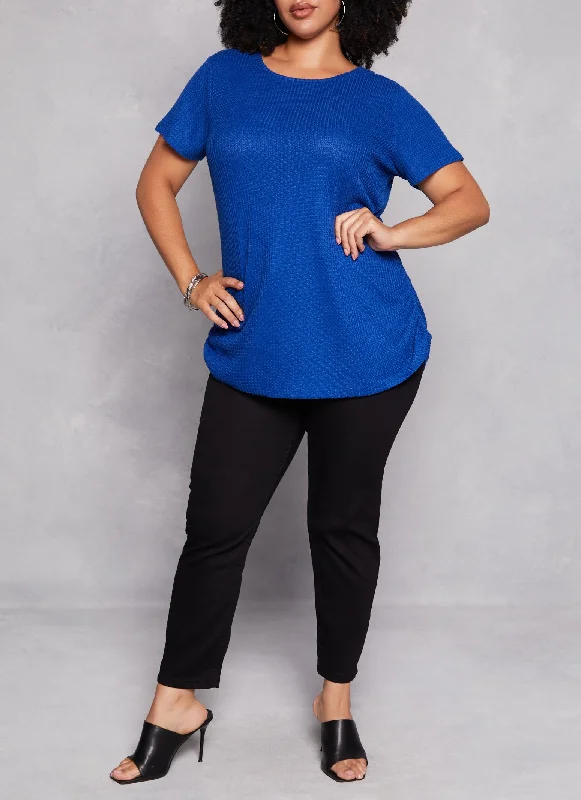 Plus Size Waffle Knit Crew Neck Ruched Tee