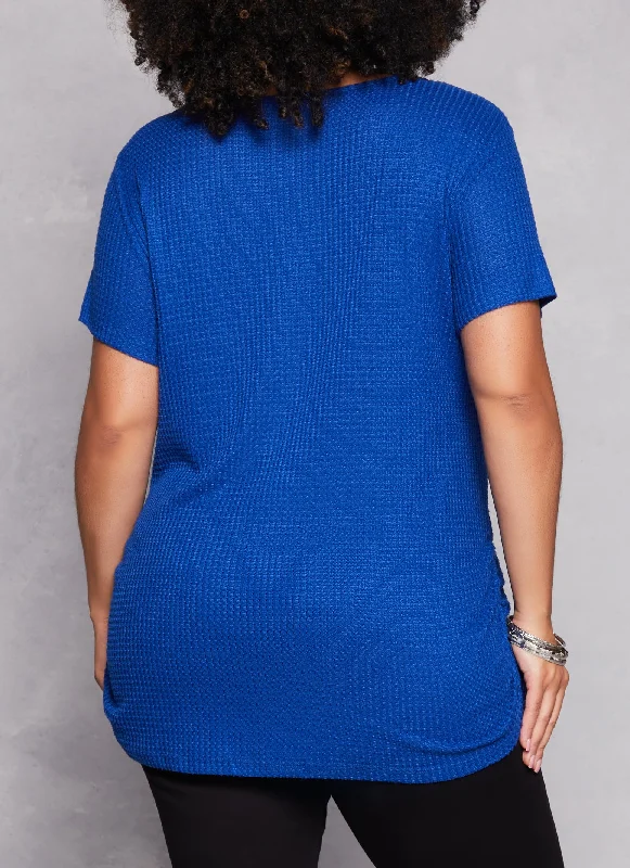 Plus Size Waffle Knit Crew Neck Ruched Tee