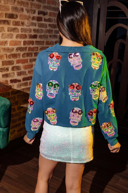 Teal Sugar Skull Collar Sweatshirt