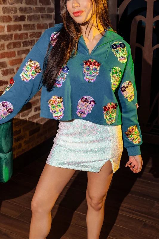 Teal Sugar Skull Collar Sweatshirt