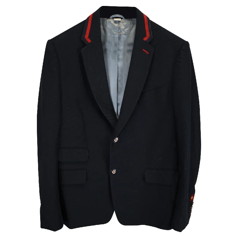 Gucci Cambridge Blind for Love Appliqué Blazer with Grosgrain Trim in Navy Blue Cotton