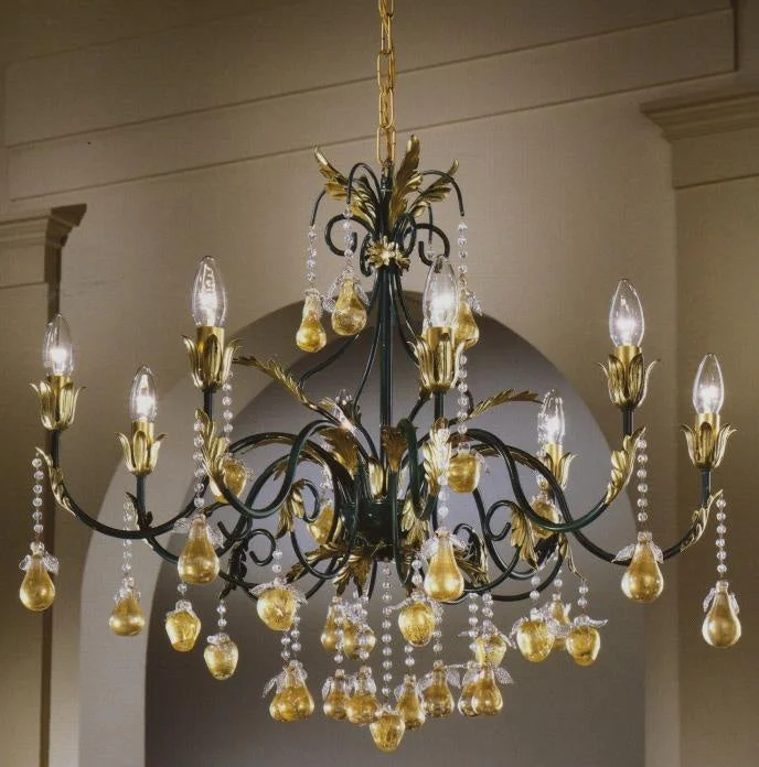 Chandeliers with Frosted Glass for a Softer Light Diffusion8 Light Fruit Chandelier With Green And Gold Frame