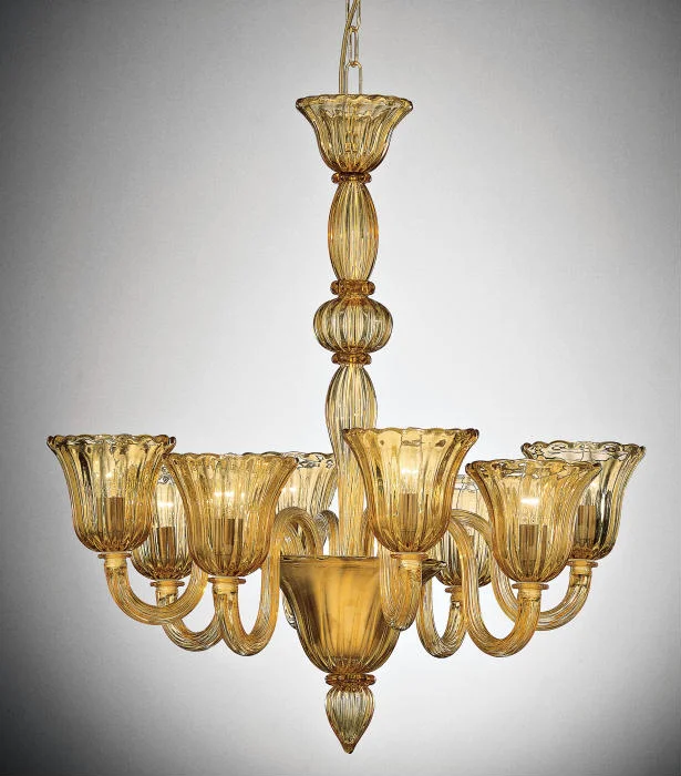 Chandeliers with Adjustable Height for Custom InstallationAmber Glass Tulip-Shaped Murano Chandelier