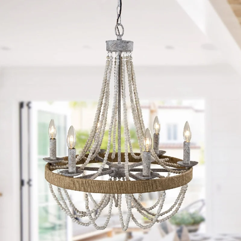 Mini Chandeliers for Adding Charm to Small SpacesBohemian 6-Light Wood Beaded Wheel Candle Chandelier - 21.7-in W x 22.7-in H Mini Chandeliers for Adding Charm to Small SpacesBohemian 6-Light Wood Beaded Wheel Candle Chandelier - 21.7-in W x 22.7-in H