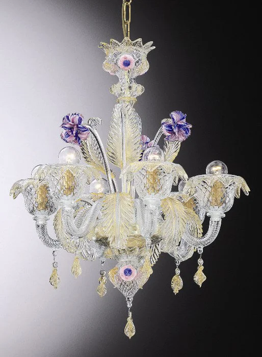 Chandeliers with Candle - Style Bulbs for a Classic AestheticClear Murano Glass 6 Light Chandelier With Purple Flowers Chandeliers with Candle - Style Bulbs for a Classic AestheticClear Murano Glass 6 Light Chandelier With Purple Flowers