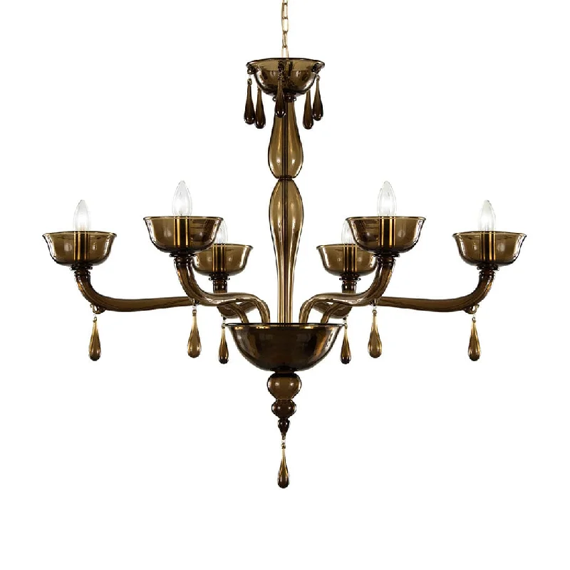 Chandeliers with Metal Frames in Copper FinishSmoke Murano Glass Chandelier with 6 Light and Pendant Drops
