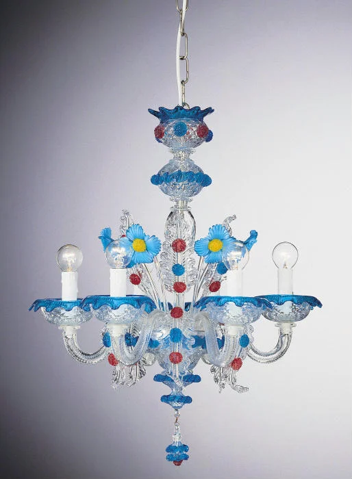 Chandeliers with Metal Frames in Gold FinishRed, Yellow And Blue Murano Glass 6 Light Flower Chandelier