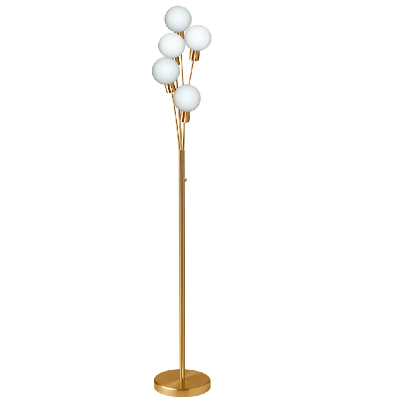 Dimmable Floor Lamp for Adjustable Lighting Ambiance5 Lights Incandescent Floor Lamp, Aged Brass w/WH Glass