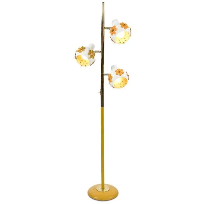 Glass Floor Lamp with Frosted Shades for Soft Diffused LightYellow and Brass Floor Lamp with Orange Flowers Glass Floor Lamp with Frosted Shades for Soft Diffused LightYellow and Brass Floor Lamp with Orange Flowers