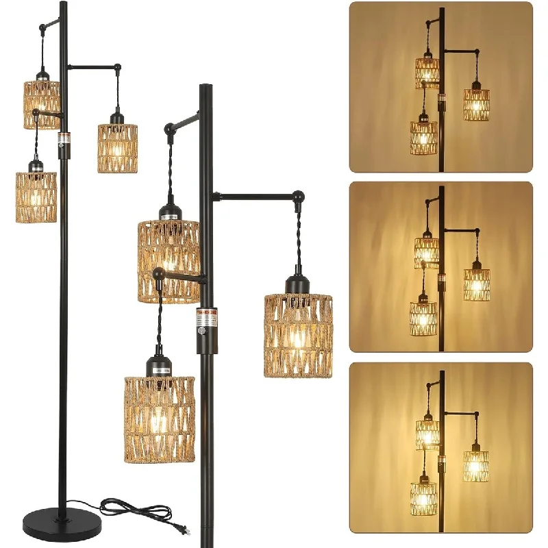Industrial Style Floor Lamp with Exposed Bulbs for Loft Apartmentsfloor lamp with 3 hand-woven rattan lampshades, 3 E26 UL sockets (Bulbs Are Not Included, Max 40W, Dimmable Bulbs Only)