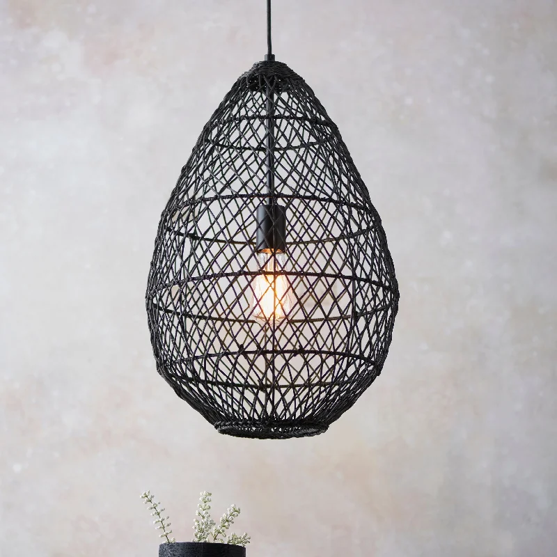 Art Deco Ceiling Lights with Geometric Patterns and Metallic FinishesAmos Aviary Droplet Pendant Black Rattan