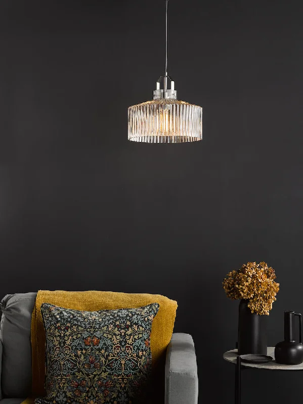 Indian - Themed Ceiling Lights with Intricate Filigree and Mirror WorkDar Lenka Pendant Satin Nickel and Ribbed Glass