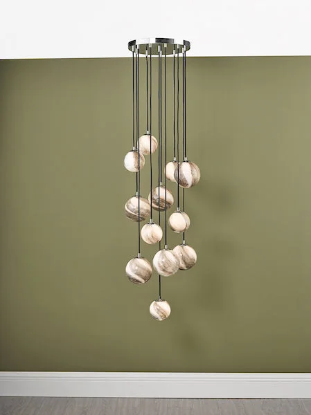 Gothic Ceiling Lights with Dark Metalwork and Pointed ArchesDar Mikara 12 Light Cluster Pendant Planet Glass 2.5m