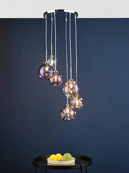 Art Nouveau Ceiling Lights with Organic, Flowing ShapesDar Mira 6 Light Cluster Pendant with Iridised Glass