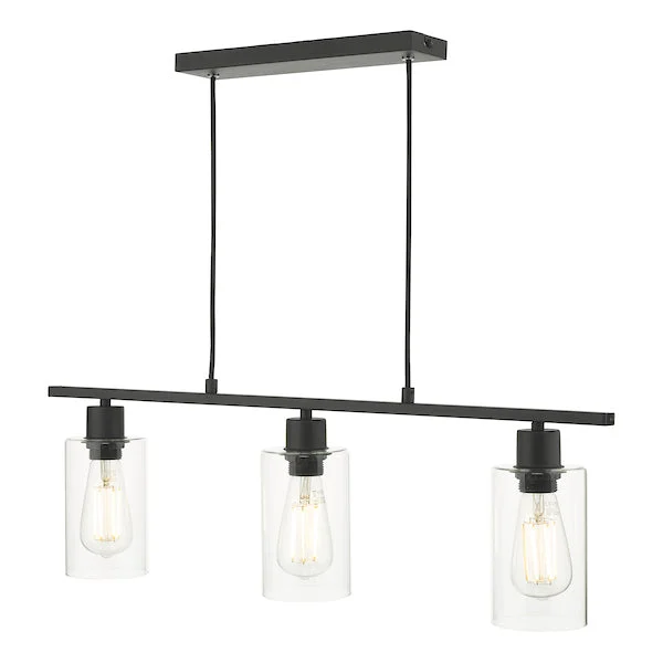 Moroccan Ceiling Lights with Colorful Stained Glass and Geometric CarvingsDar Miu 3 Light Bar Pendant Matt Black Glass