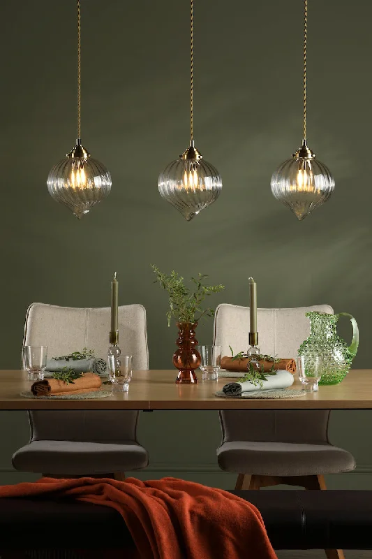 Industrial Style Ceiling Lights with Exposed Bulbs and Metal CagesDar Mya 3 Light Bar Pendant Antique Brass and Glass