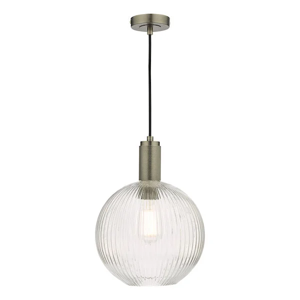 Indian - Themed Ceiling Lights with Intricate Filigree and Mirror WorkDar Nikolas Antique Chrome Pendant Ribbed Round Glass