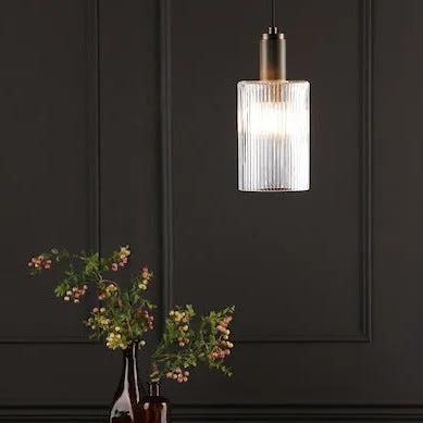 Contemporary Ceiling Lights with Unique, Abstract ShapesDar Nikolas Solid Brass Pendant Ribbed Cylinder Glass