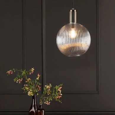 Metal Ceiling Lights in Brass, Copper, Stainless Steel, and IronDar Nikolas Solid Brass Pendant Ribbed Round Glass