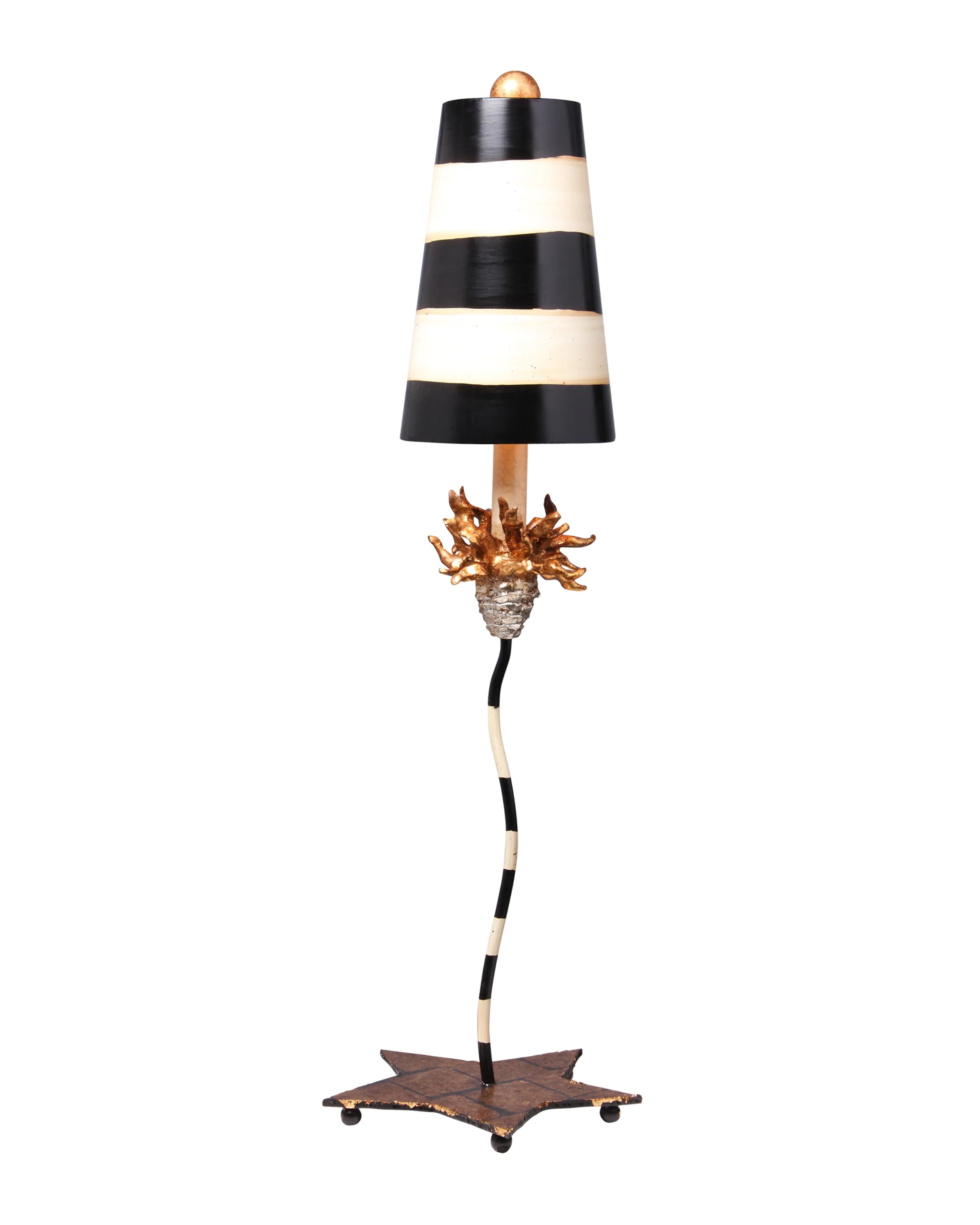 coastal style table lamps with nautical elements for beach housesLa Fleur Distressed Gold Table Lamp with Black & White Shade
